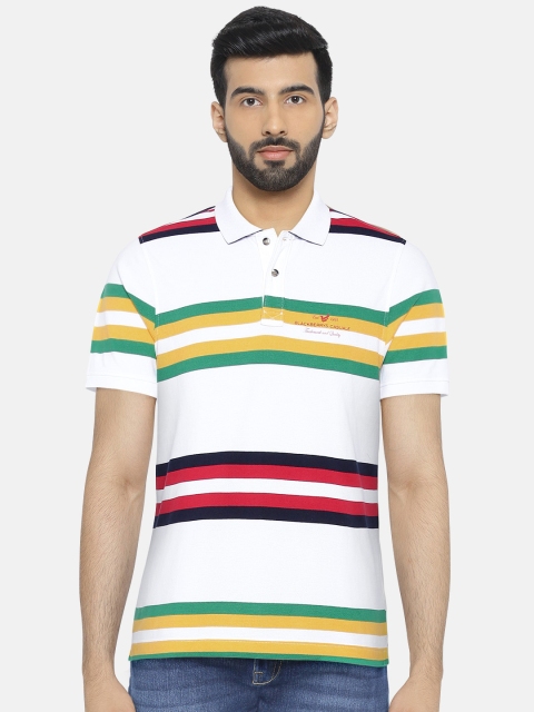 

Blackberrys Men White Striped Polo Collar Pure Cotton T-shirt