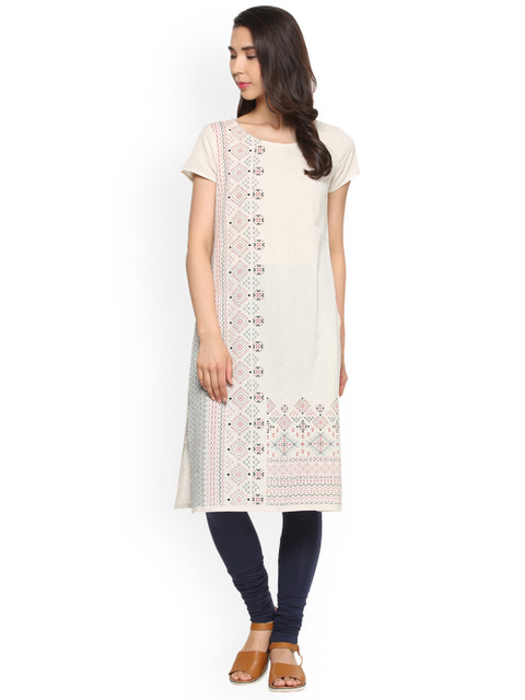 

People Women Beige Printed Straight Kurta