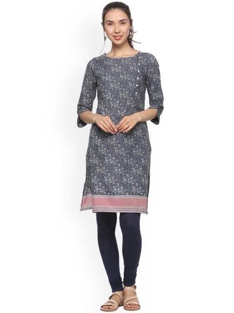 

People Women Grey & Off-White Floral Print Straight Kurta