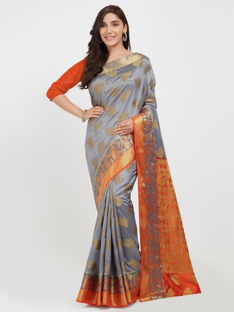 

Viva N Diva Grey & Orange Silk Blend Woven Design Kanjeevaram Saree