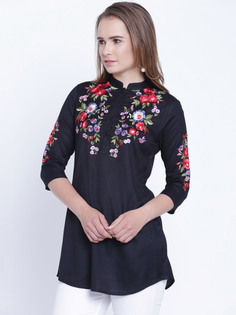 

Ruhanee Women Black Embroidered Button-Down Top