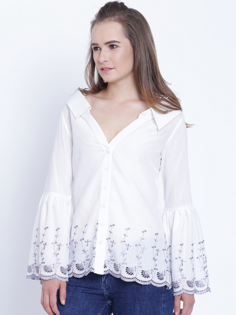 

Ruhanee Women White Embroidered Shirt Style Top