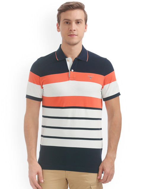 

GANT Men Blue & White Striped Polo Collar T-shirt