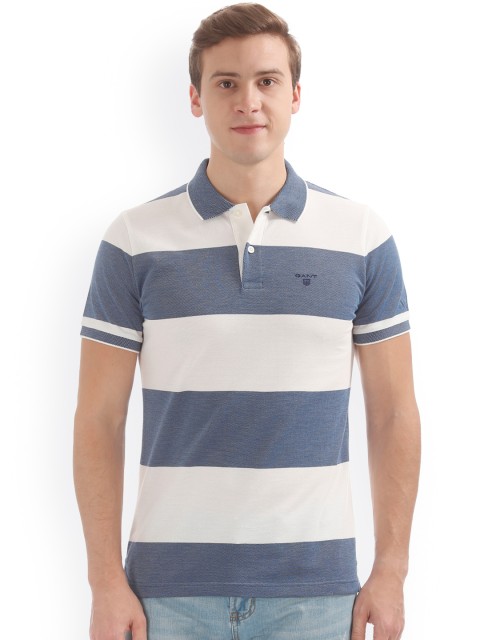 

GANT Men Blue & White Striped Polo Collar T-shirt