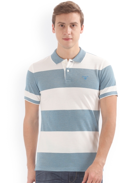 

GANT Men Blue & White Striped Polo Collar T-shirt