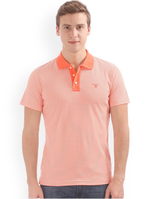 

GANT Men Orange & White Striped Polo Collar T-shirt