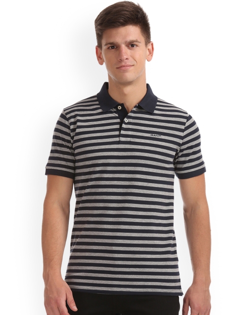 

GANT Men Grey & Black Striped Polo Collar T-shirt