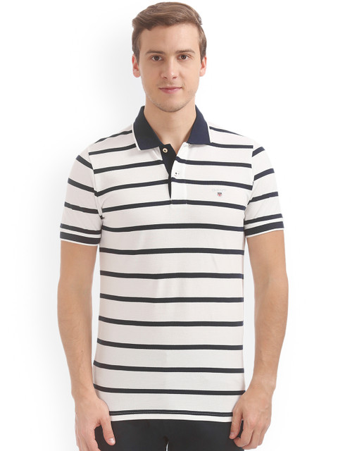 

GANT Men White & Blue Striped Polo Collar T-shirt