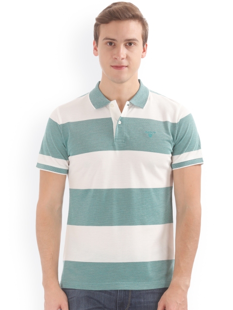 

GANT Men Green & White Striped Polo Collar T-shirt