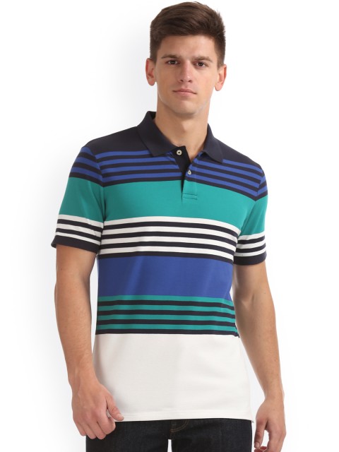 

GANT Men Green & Blue Striped Polo Collar T-shirt