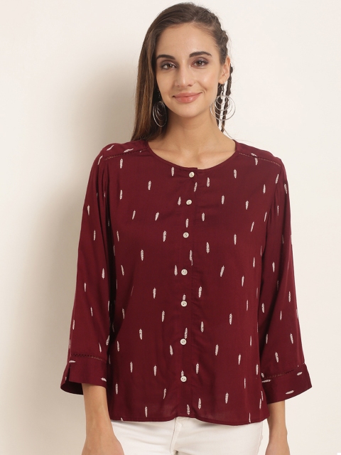 

RARE ROOTS Women Maroon Feather Print Top