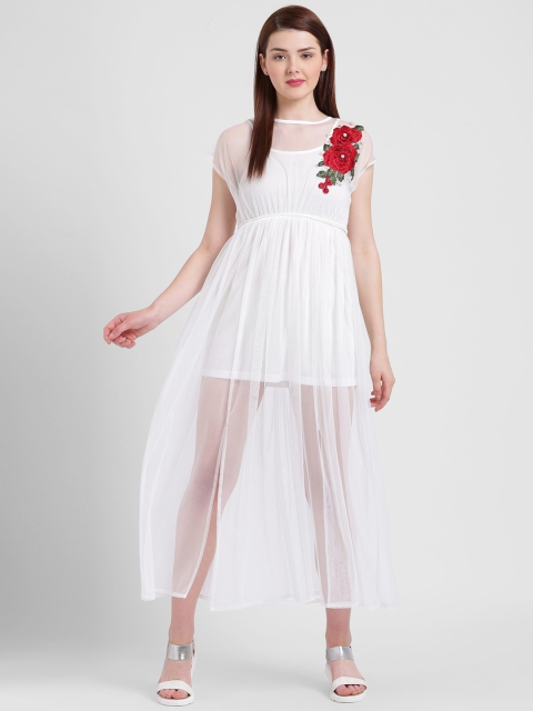

Texco Women White Solid Fit and Flare Dress With Floral Detail