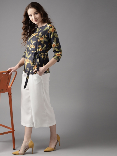 

HERE&NOW Women Navy Blue & Green Printed Top