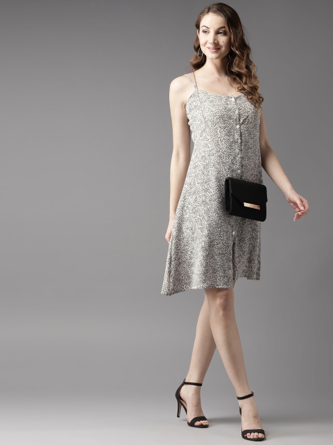 

HERE&NOW Women Off-White & Black Printed A-Line Dress