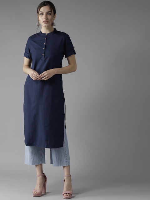 

HERE&NOW Women Navy Blue Solid Straight Kurta
