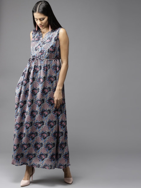 

HERE&NOW Women Grey & Pink Printed Maxi Dress