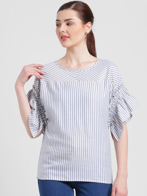 

Texco Women Blue Striped Boxy Pure Cotton Top