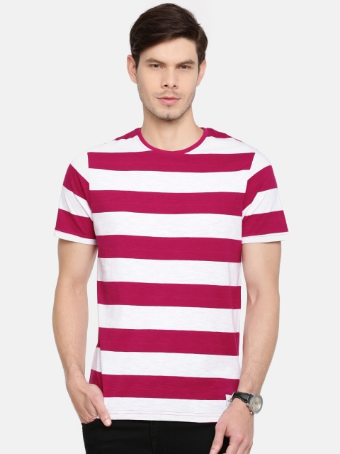 

ONLY & SONS Men Pink & White Striped Round Neck T-shirt