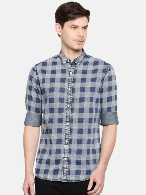 

ONLY & SONS Men Blue & Grey Slim Fit Checked Casual Shirt