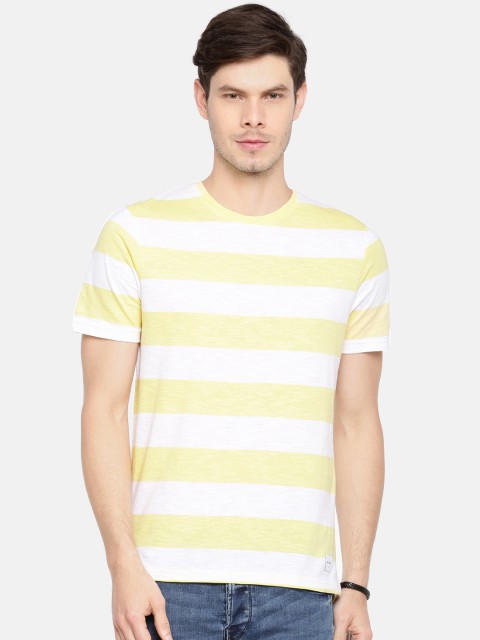 

ONLY & SONS Men Yellow & White Striped Round Neck T-shirt