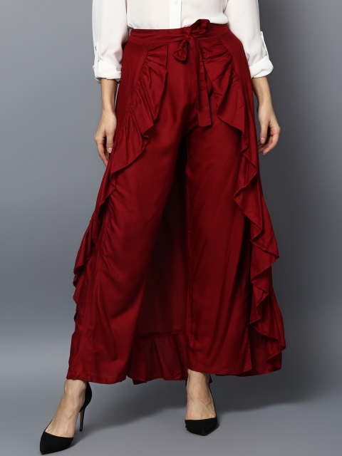 

StyleStone Women Maroon Solid Ruffled Flared Maxi Skirt with Attached Trousers