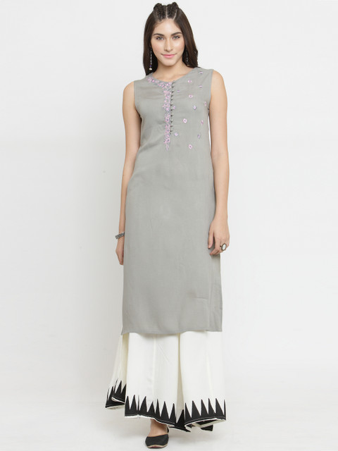 

Laabha Women Grey Embroidered Straight Kurta
