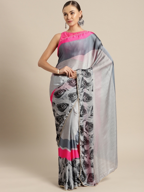

Shaily Grey & Pink Satin Printed Saree