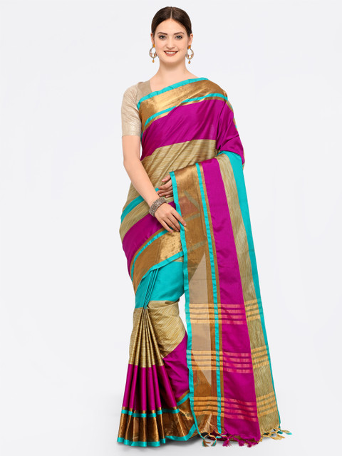 

Saree mall Purple & Beige Silk Cotton Colourblocked Saree