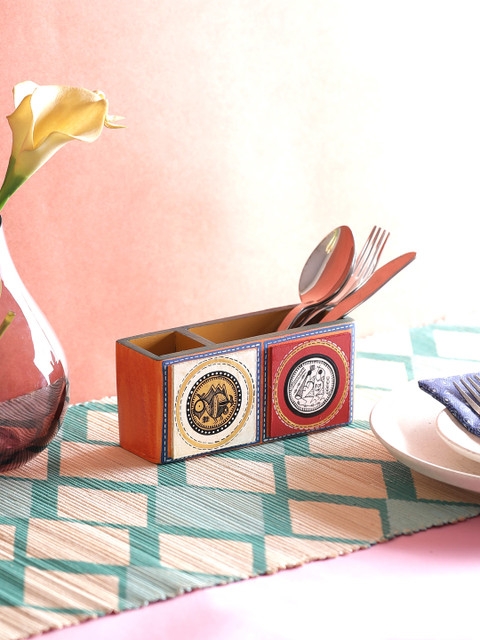 

VarEesha Hand-Painted Orange Warli Wooden Cutlery Holder