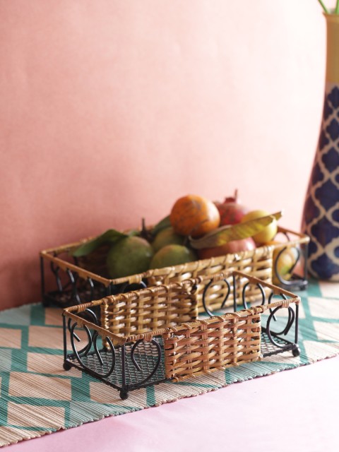 

VarEesha Hand-Painted Set of Two Bamboo Cane Rectangle Fruit / Multipurpose Baskets, Beige