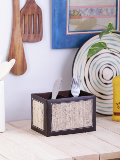 

VarEesha Brown Beige Jute and Wood Cutlery Holder with Partition