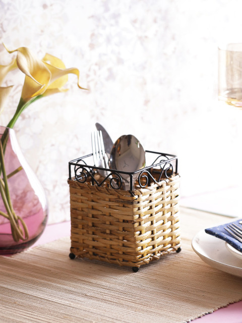 

VarEesha Beige Bamboo Cane Square Cutlery Holder