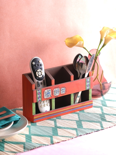 

VarEesha Hand-Painted Orange Warli Wooden Remote & Cutlery Organiser