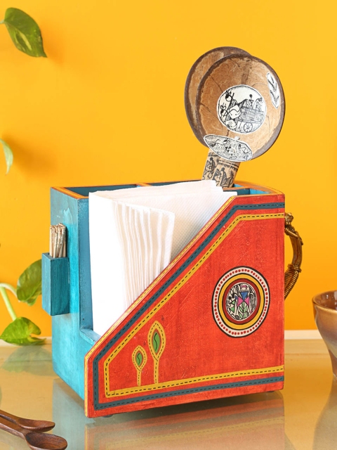 

VarEesha Multicoloured Textured Hand-Painted Wooden Cutlery & Tissue Holder, Multi