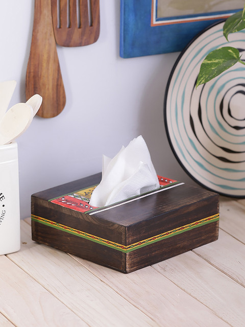 

VarEesha Hand-Painted Red Yellow Warli Square Tissue Box in Mango Wood, Brown