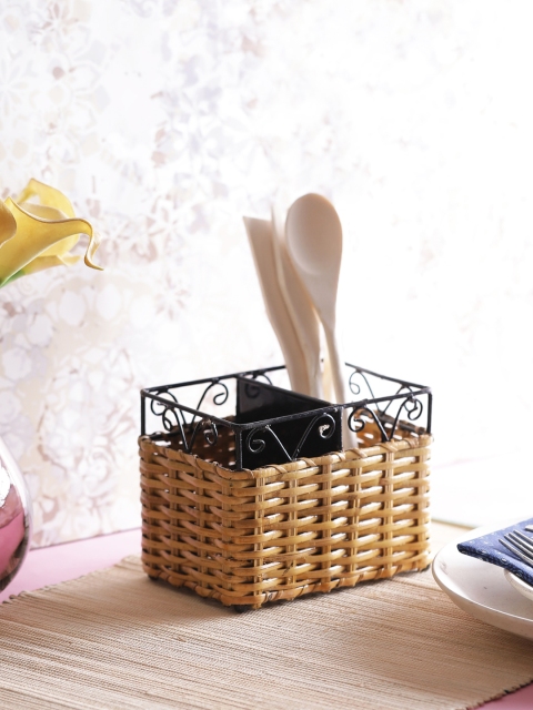 

VarEesha Cane Bamboo Iron Divided Cutlery Holder, Beige