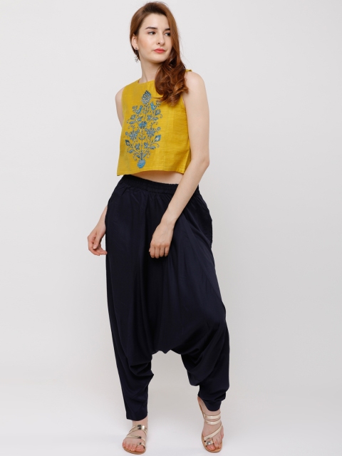 

Vishudh Women Mustard & Navy Blue Embroidered Top with Dhoti Pants