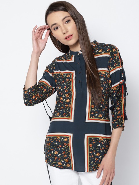 

OPt Women Navy Blue & Red Printed Shirt Style Top