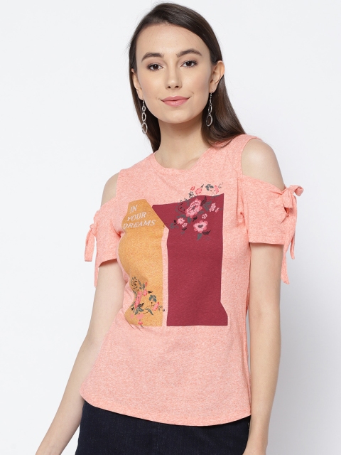 

OPt Women Peach-Coloured Printed Cold Shoulder Top