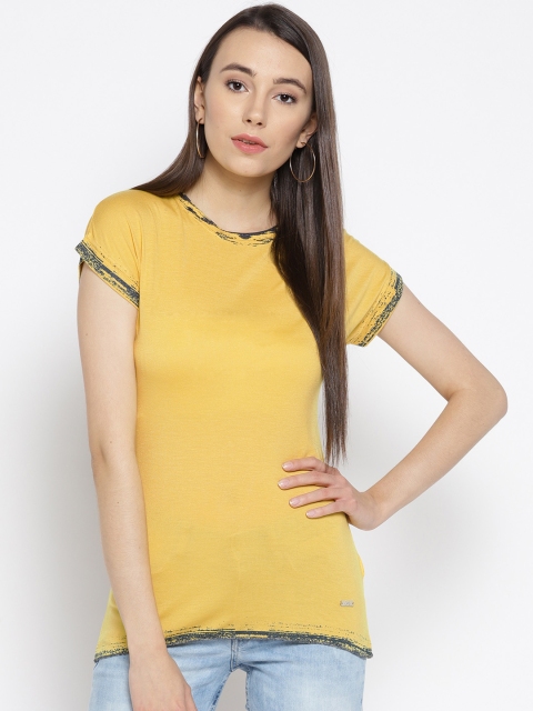 

OPt Women Mustard Yellow Solid Round Neck T-shirt
