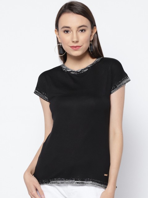 

OPt Women Black Solid Round Neck T-shirt