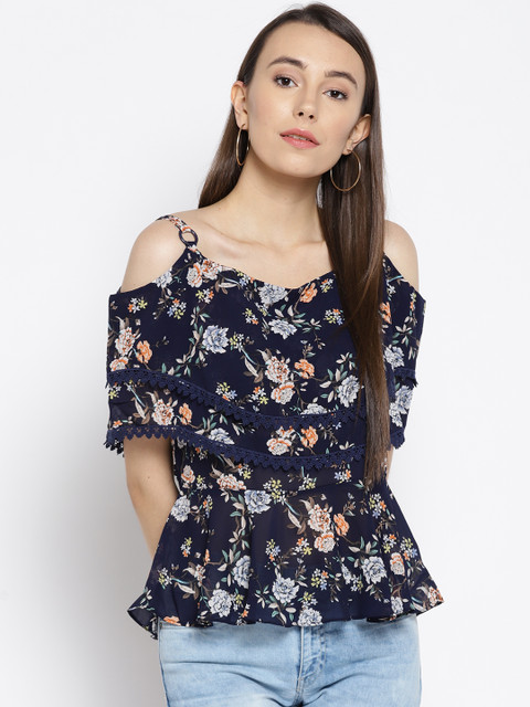 

OPt Women Navy Blue Printed Cold-Shoulder Top
