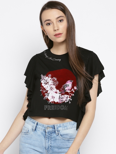 

OPt Women Black Printed Crop Top