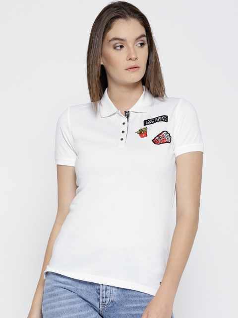 

OPt Women White Solid Polo Collar T-shirt