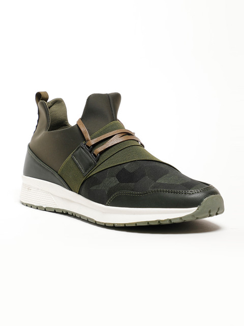 

LOCOMOTIVE Men Olive Green Printed Synthetic Leather Mid-Top Sneakers