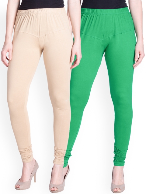 

LYRA Women Pack of 2 Beige & Green Churidar Leggings