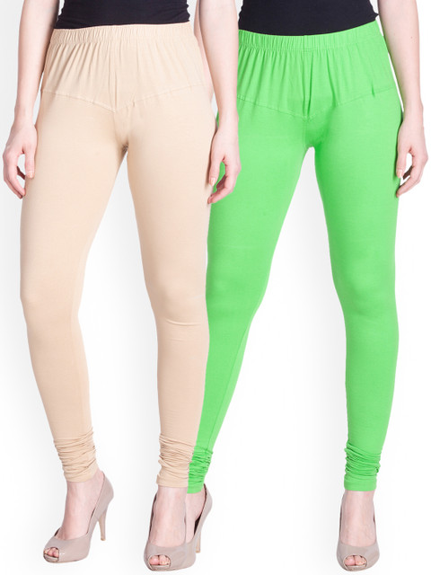 

LYRA Women Pack of 2 Beige & Fluorescent Green Churidar Leggings