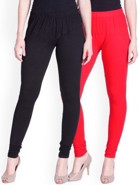 

LYRA Women Pack of 2 Black & Red Churidar Leggings