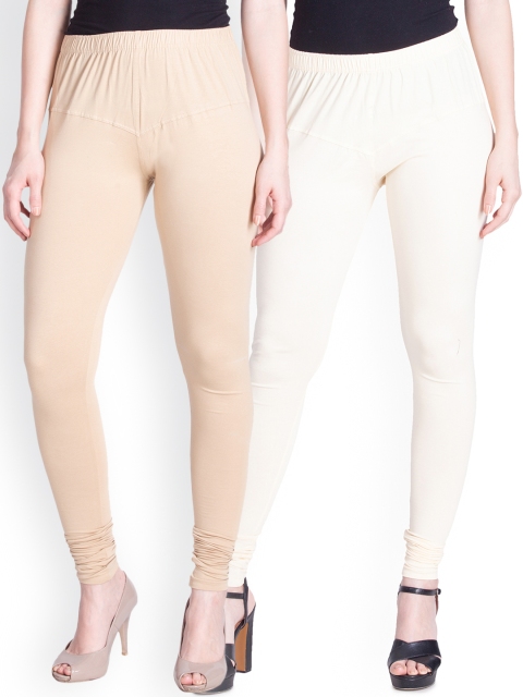 

LYRA Women Pack of 2 Beige & Off-White Churidar Leggings