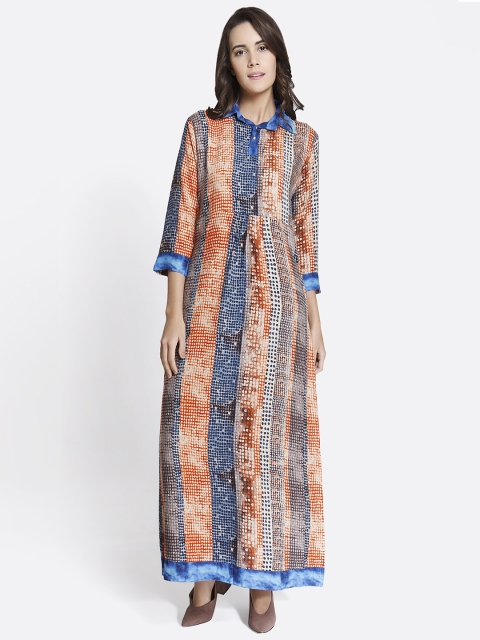 

shiloh Women Orange & Blue Printed A-Line Kurta